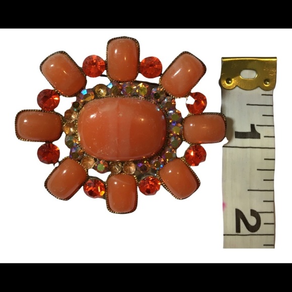 BEAUTIFUL vintage orange brooch pin with gold and iridescent rhinestones - Picture 7 of 7